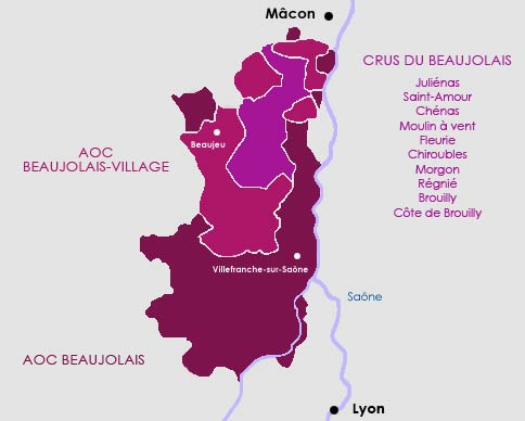 Carte route des vins du vignoble du Beaujolais