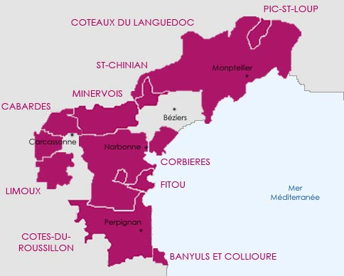 Carte du vignoble du Languedoc-Roussillon